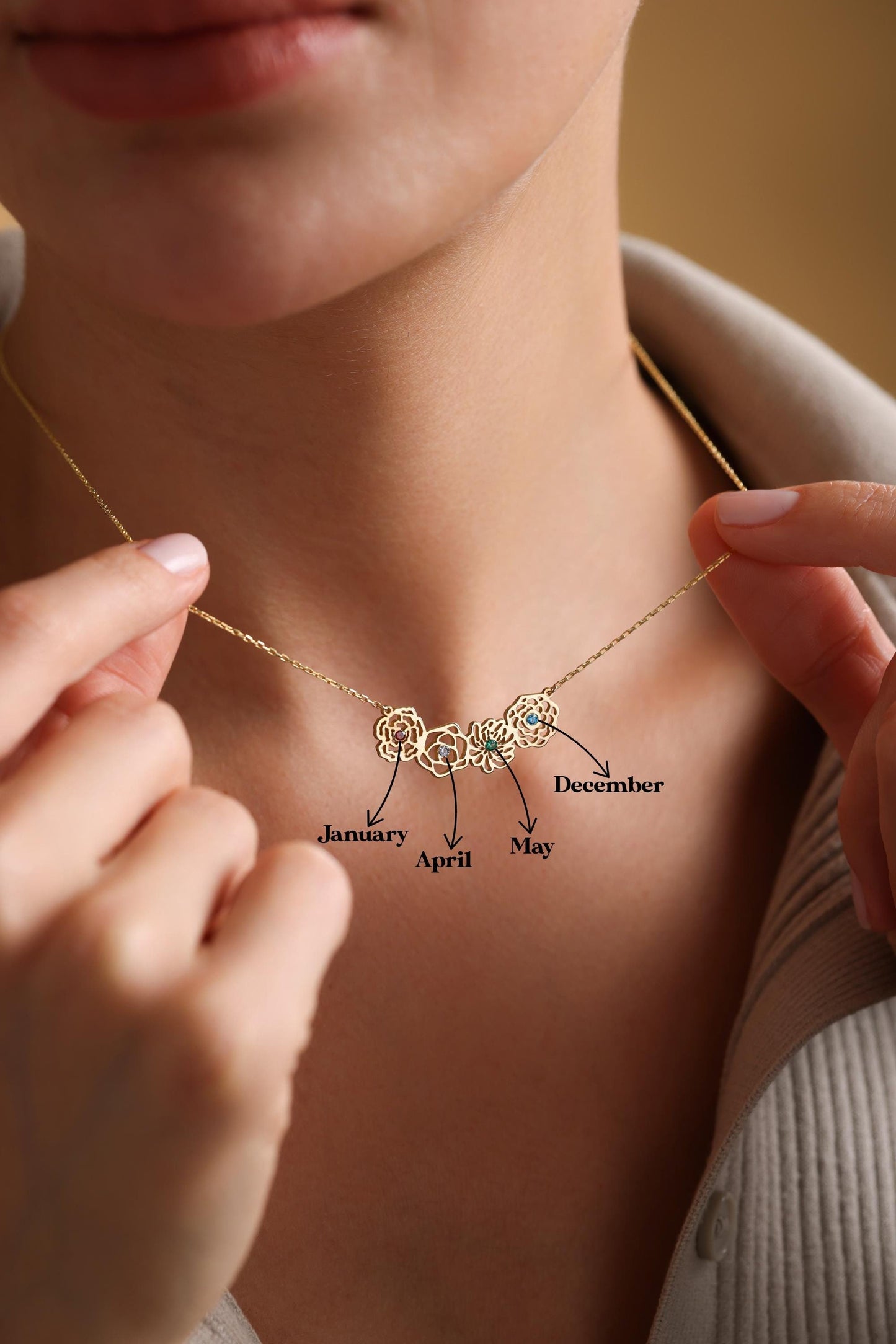 Dainty Birthflower necklace , Personalized Christmas Gift, Birthflower Necklace with Birthstone, Family necklace, Mothers day gift