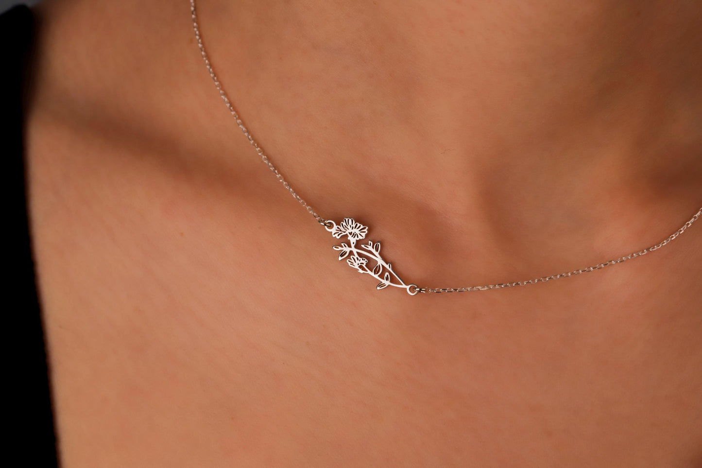 Personalized Birth Flower Necklace, 925 Sterling Silver Birth Month Flower Pendant, Sideway Floral Necklace, Gift For Her, Gift For Xmas