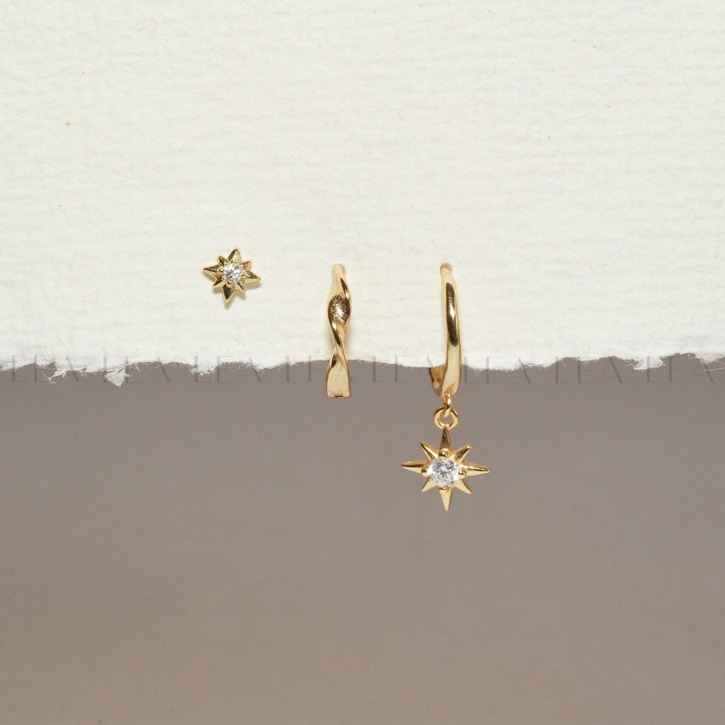 Starburst Dangle Everyday Hoop Earring Stack Set • Gift For Her • Bridesmaid Gift • 18K Gold Star Earrings Set • Gift Ready