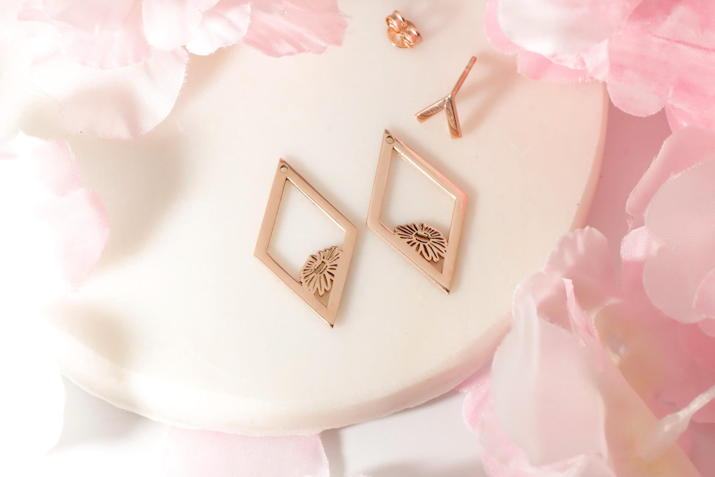 Ear Jacket Earrings, Birth Flower Ear Jacket Earrings, Custom Flower Earrings, Rhombus Earrings, Geometric Earrings With Birth Month Flower