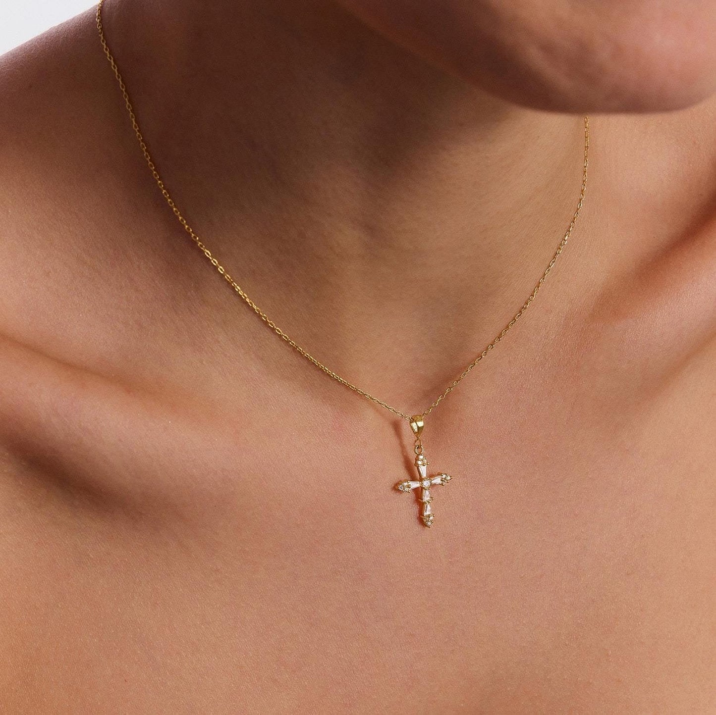 Minimalist Diamond Cross Necklace,Pave Cross Necklace, Baptism Gift,Cross Jewelry, Communion Cross Necklaces, Religious Protective Necklace