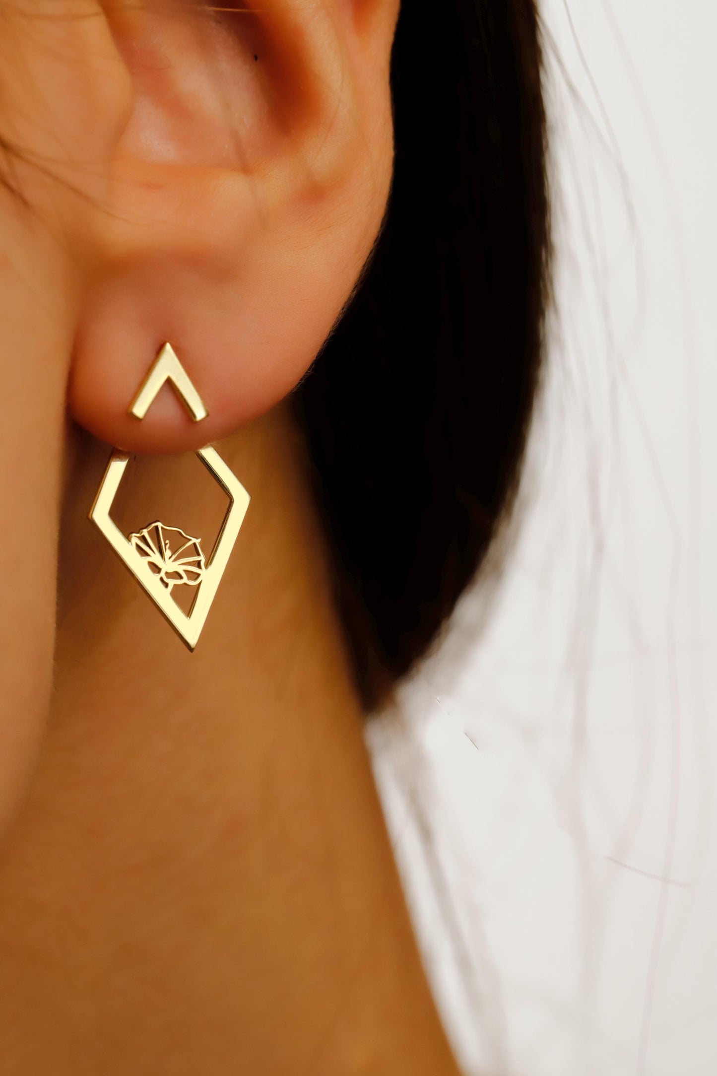 Ear Jacket Earrings, Birth Flower Ear Jacket Earrings, Custom Flower Earrings, Rhombus Earrings, Geometric Earrings With Birth Month Flower