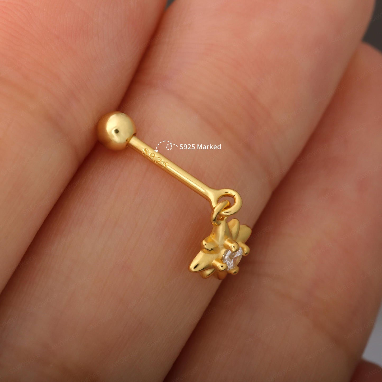S925 Hexagram Helix Earring Stud, 18g Helix Piercing Jewelry, 6.5mm Cartilage Stud, Vertical Helix Ring, Tagus Helix Dangle Earring Stud