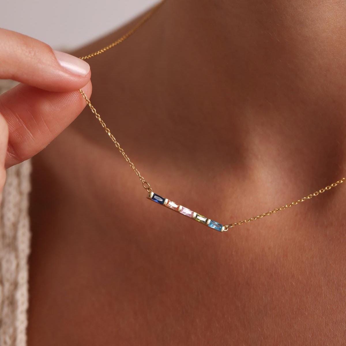 Baguette Birthstone Necklace,Family Birthstone Necklace,Personalized Gift,Mother's Birthstone Jewelry,Mothers Day Gift for Mom,Birthday Gift