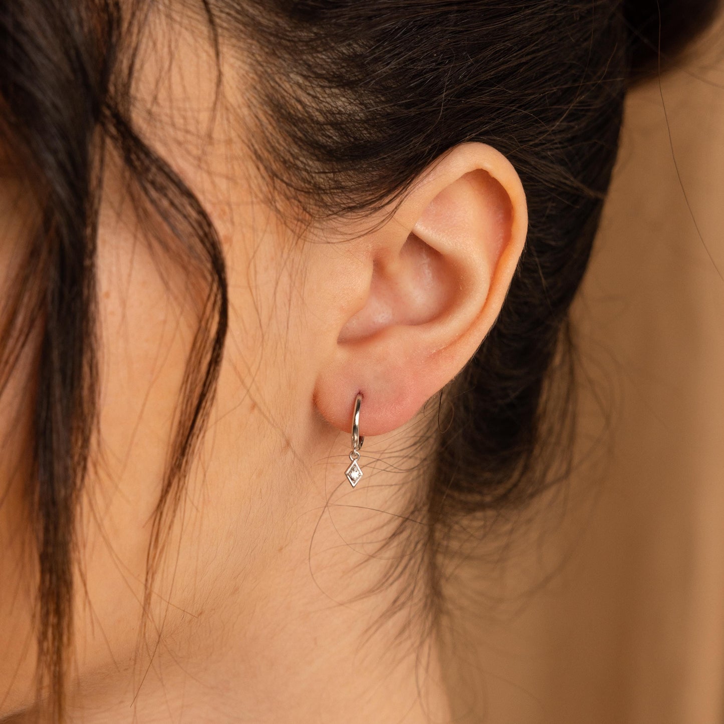 Dangling Diamond Hoop Earrings • Minimalist Huggie Hoop with Diamond Charm • Everyday Drop Earrings • Dainty Jewelry • Gift for Her • ER313