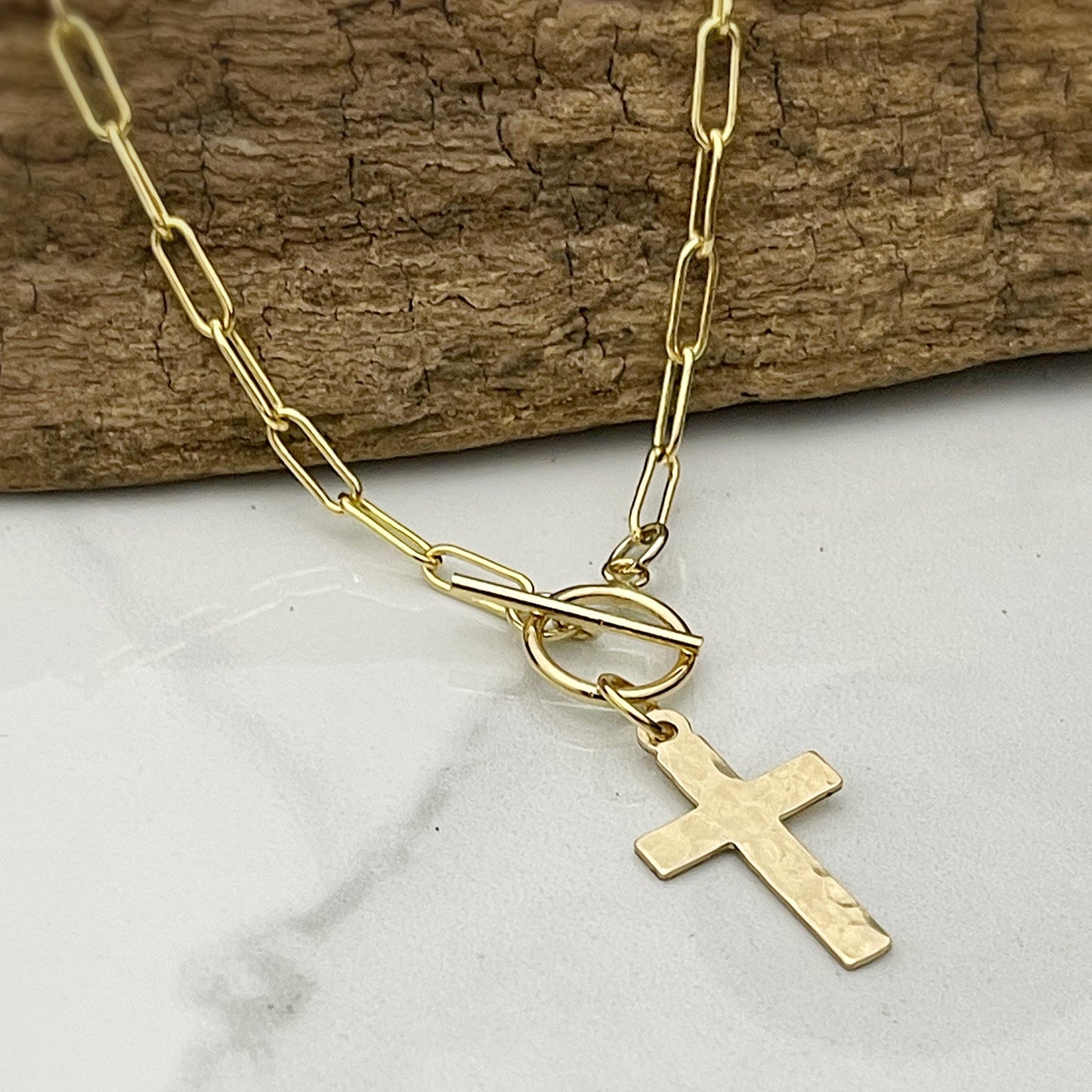 14k gold filled hammered cross necklace, confirmation gift, baptism gift, paperclip chain toggle charm necklace, gift for women