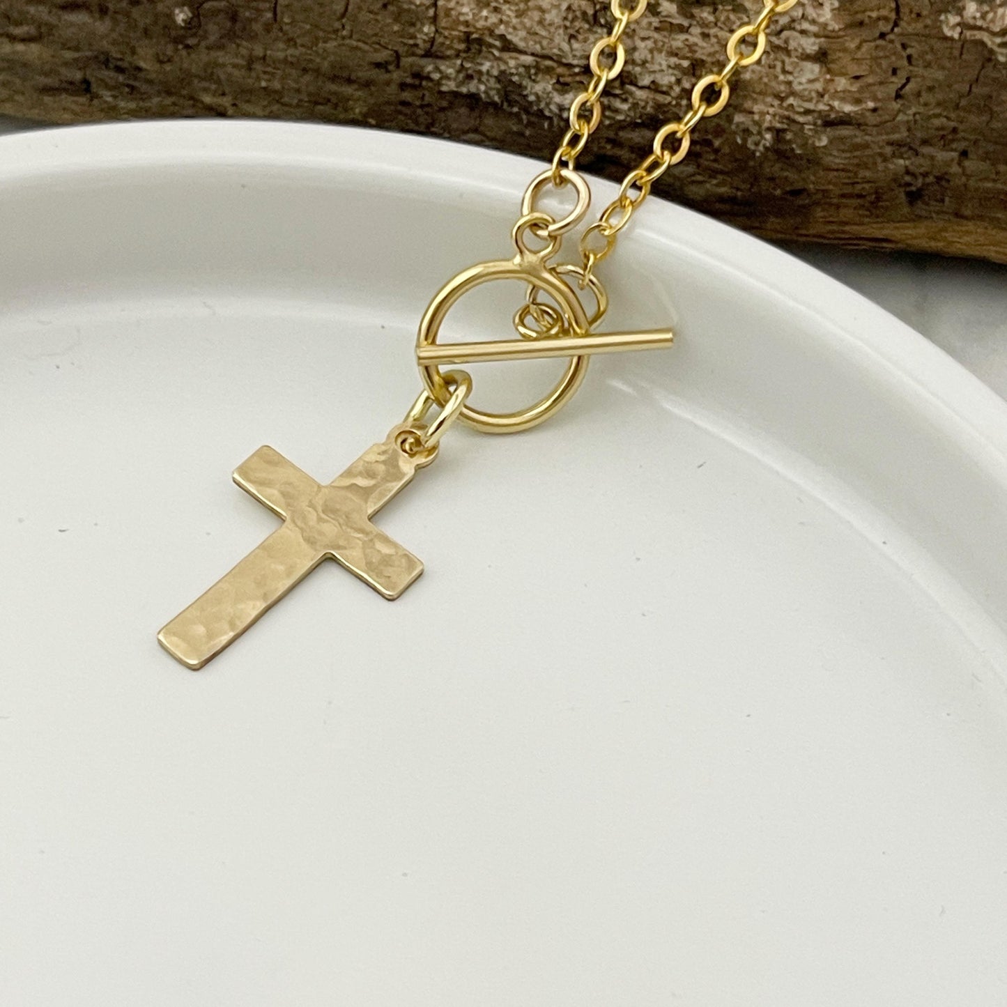 14k gold filled hammered cross necklace, confirmation gift, baptism gift, paperclip chain toggle charm necklace, gift for women