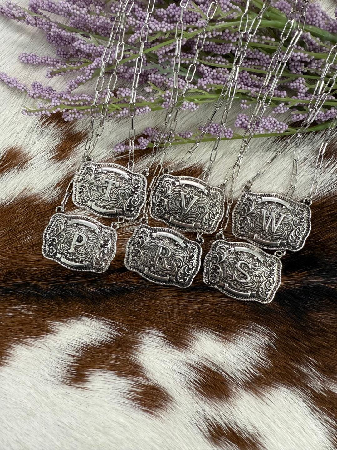Western Initial Necklace, Western Belt Buckle, Monogram Necklace, Cowboy Necklace, Monogram Jewelry