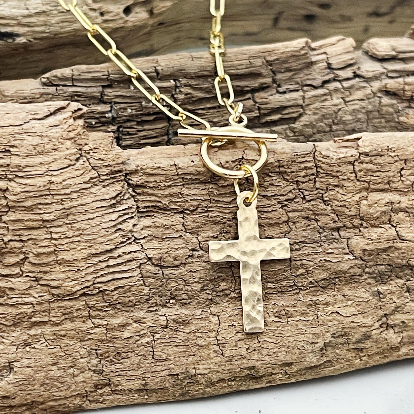 14k gold filled hammered cross necklace, confirmation gift, baptism gift, paperclip chain toggle charm necklace, gift for women