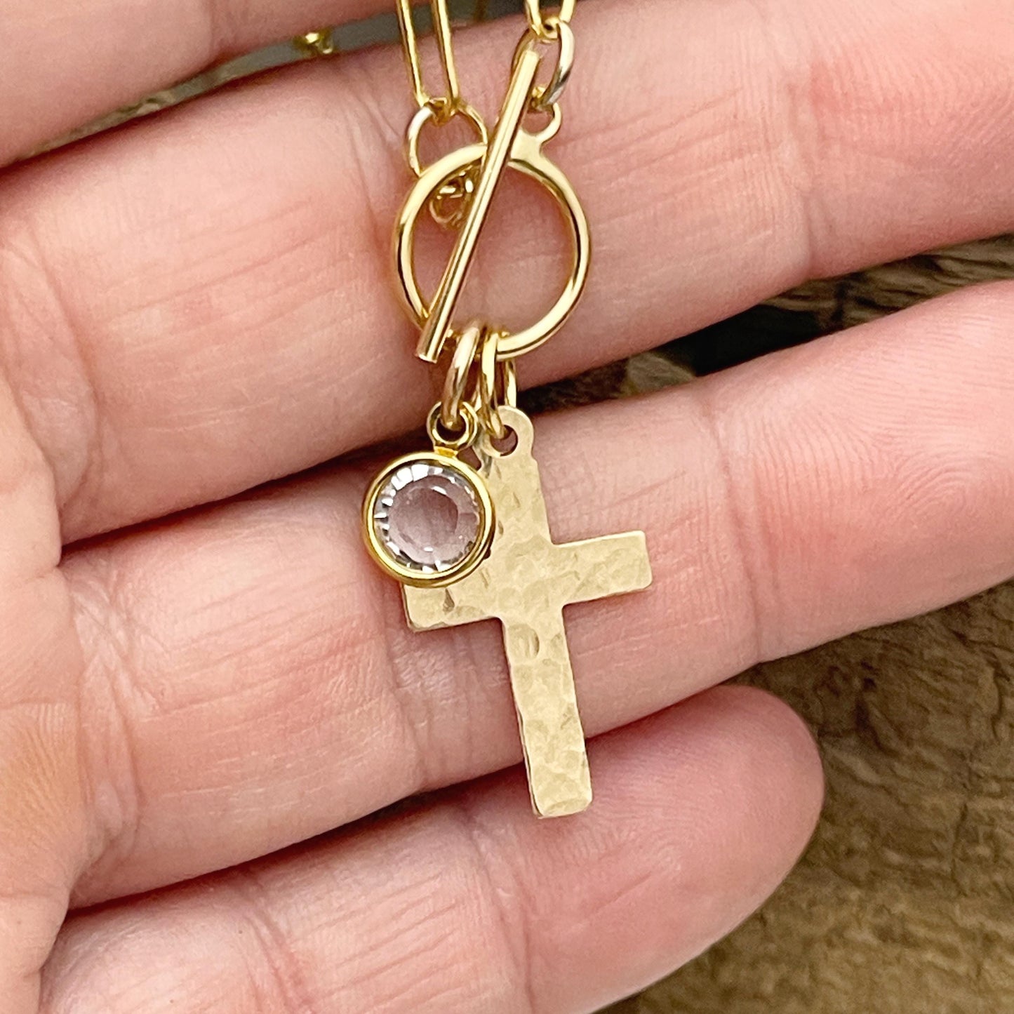 14k gold filled hammered cross necklace, confirmation gift, baptism gift, paperclip chain toggle charm necklace, gift for women
