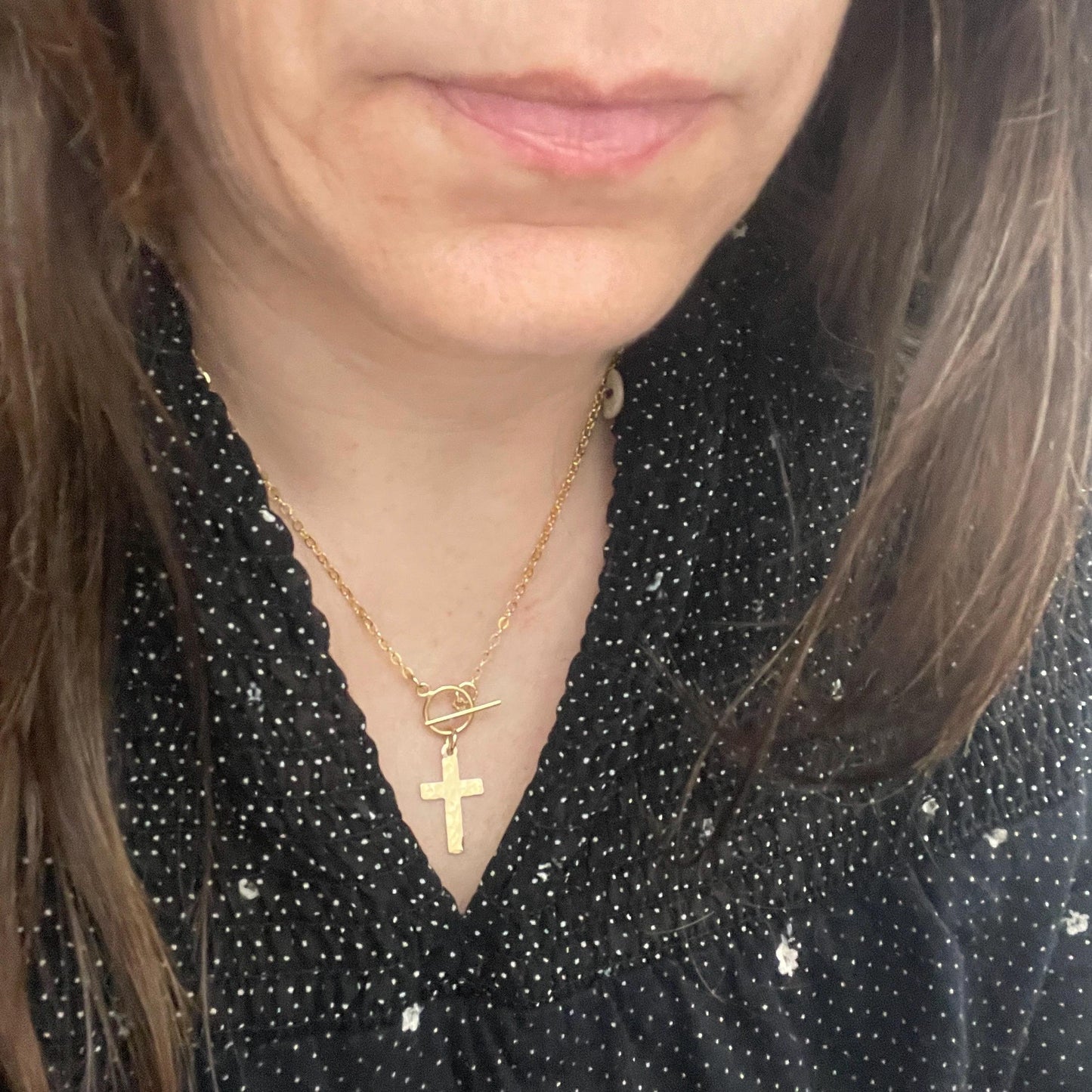14k gold filled hammered cross necklace, confirmation gift, baptism gift, paperclip chain toggle charm necklace, gift for women