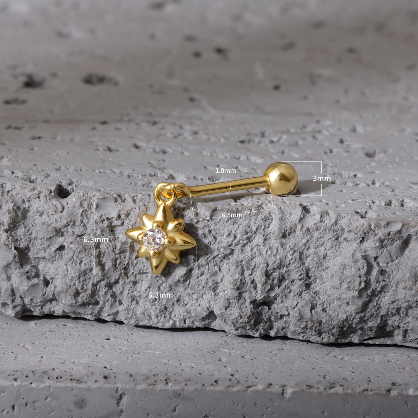 S925 Hexagram Helix Earring Stud, 18g Helix Piercing Jewelry, 6.5mm Cartilage Stud, Vertical Helix Ring, Tagus Helix Dangle Earring Stud