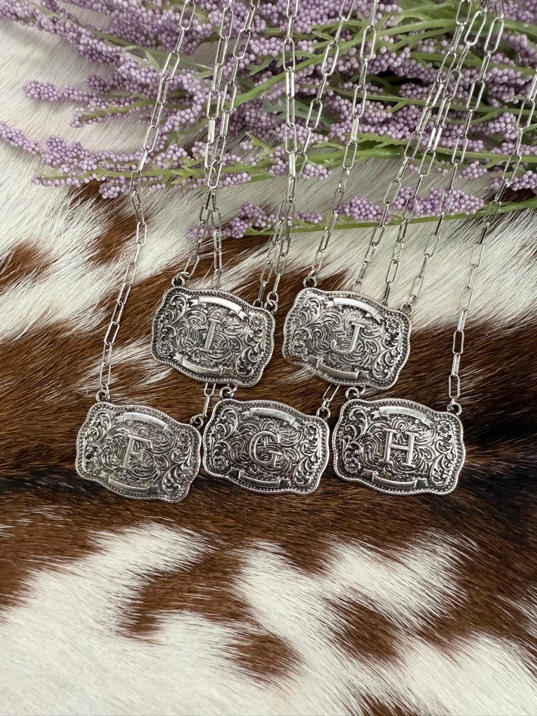Western Initial Necklace, Western Belt Buckle, Monogram Necklace, Cowboy Necklace, Monogram Jewelry
