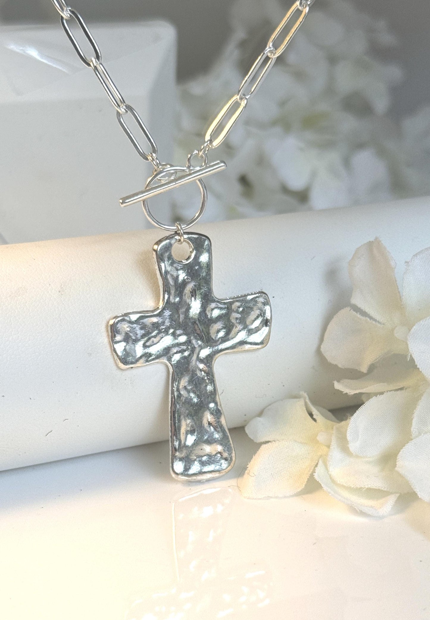 Hammered Cross Necklace Large Silver Pendant Gift for Her Statement Religious Christian Cross Jewelry for Women
