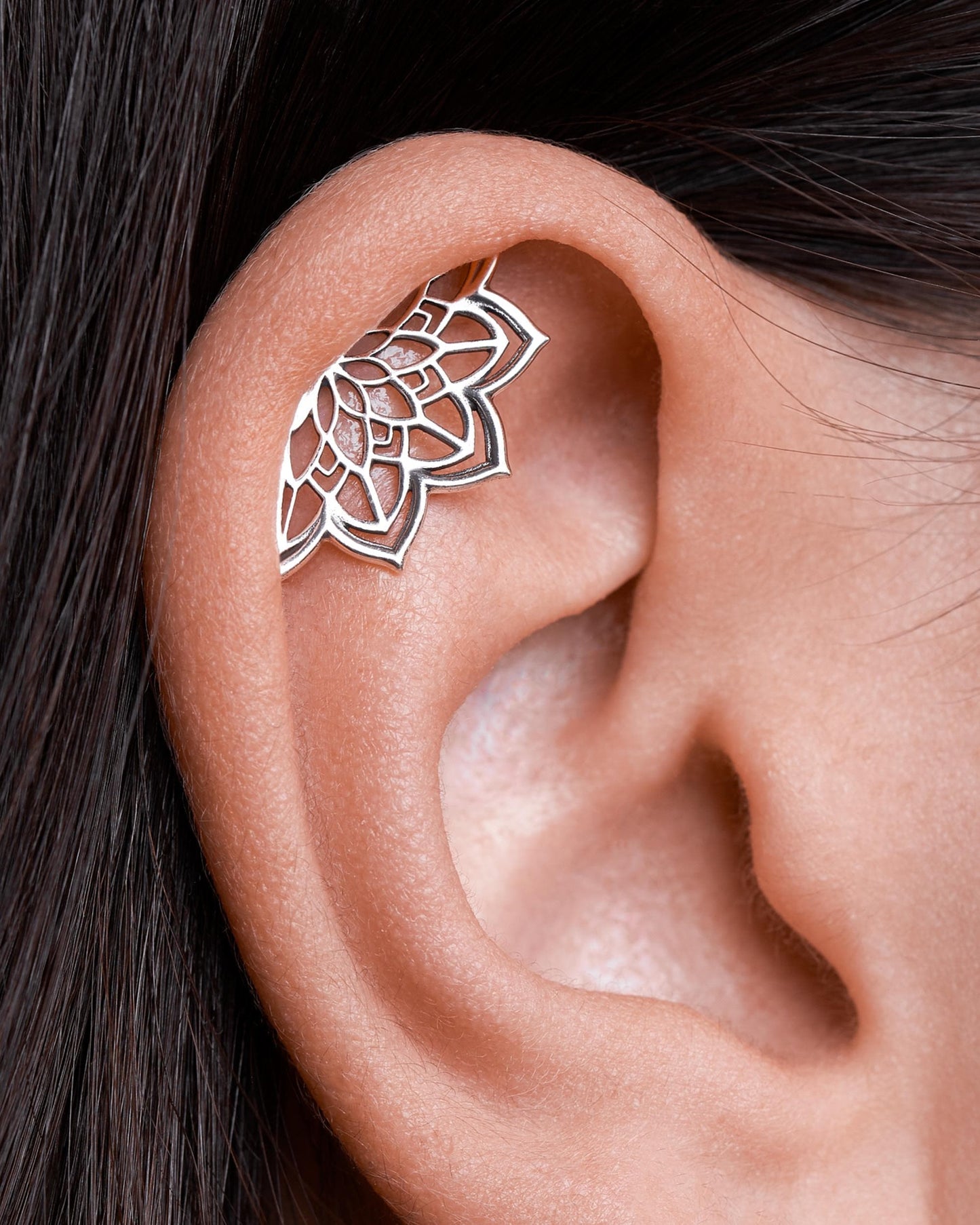 Boho Helix Earring • Geometric Mandala Lotus Flower Hidden Helix • Piercing 18G 16G • Cartilage Bohemian Silver Spiritual Jewelry • CRT023