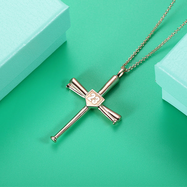 Engraved Baseball Cross Necklace Rose Gold