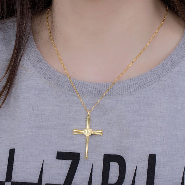 Engraved Baseball Cross Necklace Gold