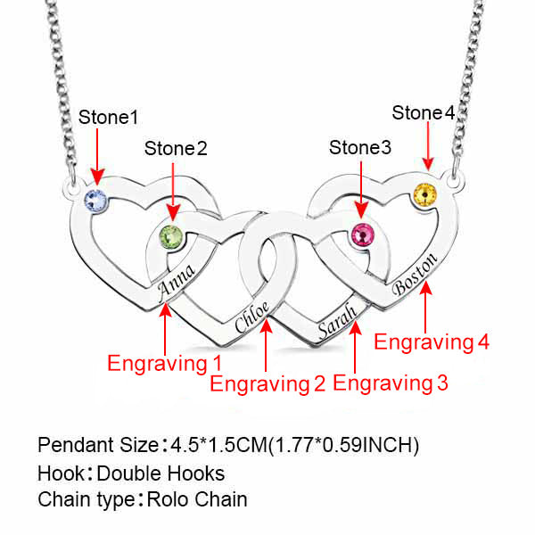 Engraved 1-5 Intertwined Hearts Necklace With Birthstones Sterling Silver