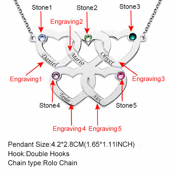 Engraved 1-5 Intertwined Hearts Necklace With Birthstones Sterling Silver