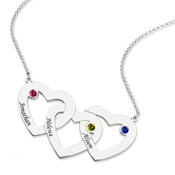 Engraved 1-5 Intertwined Hearts Necklace With Birthstones Sterling Silver