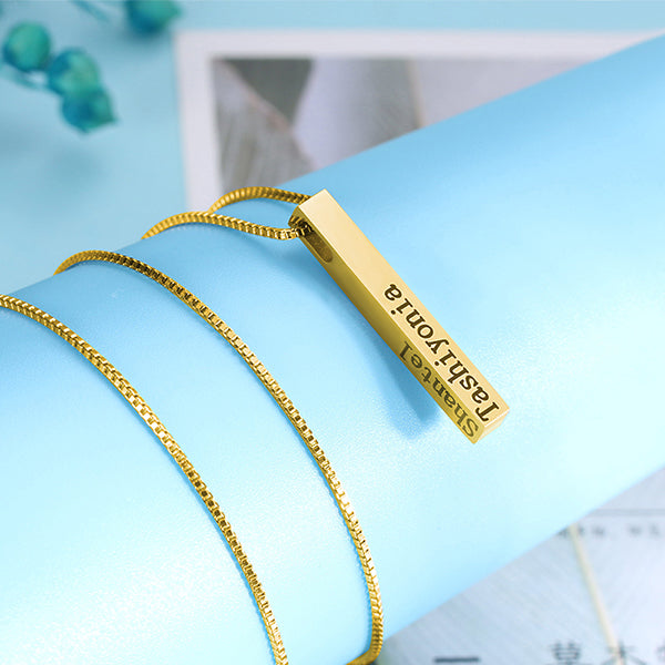 Engraved 4 Sides Bar Necklace in Gold