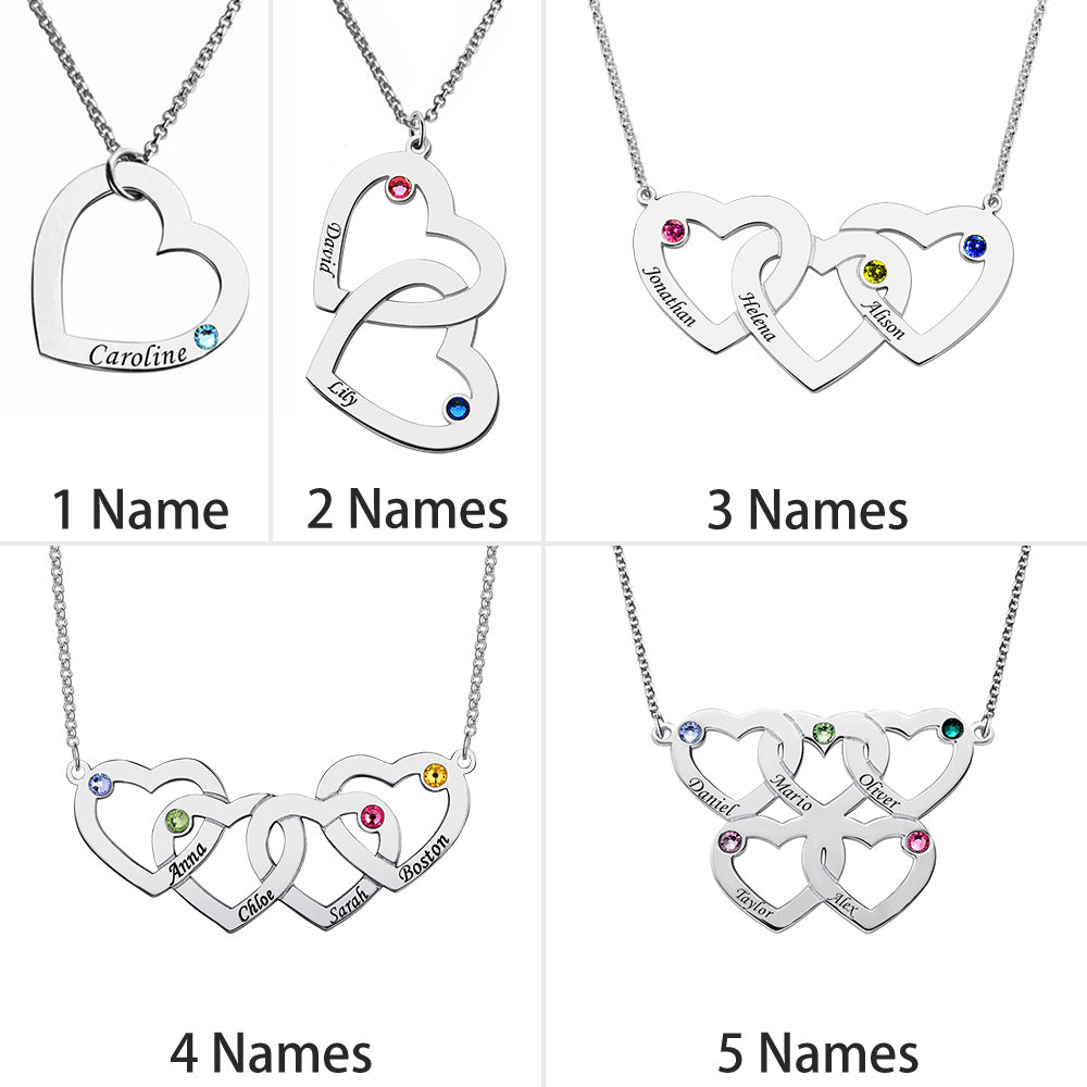 Engraved 1-5 Intertwined Hearts Necklace With Birthstones Sterling Silver
