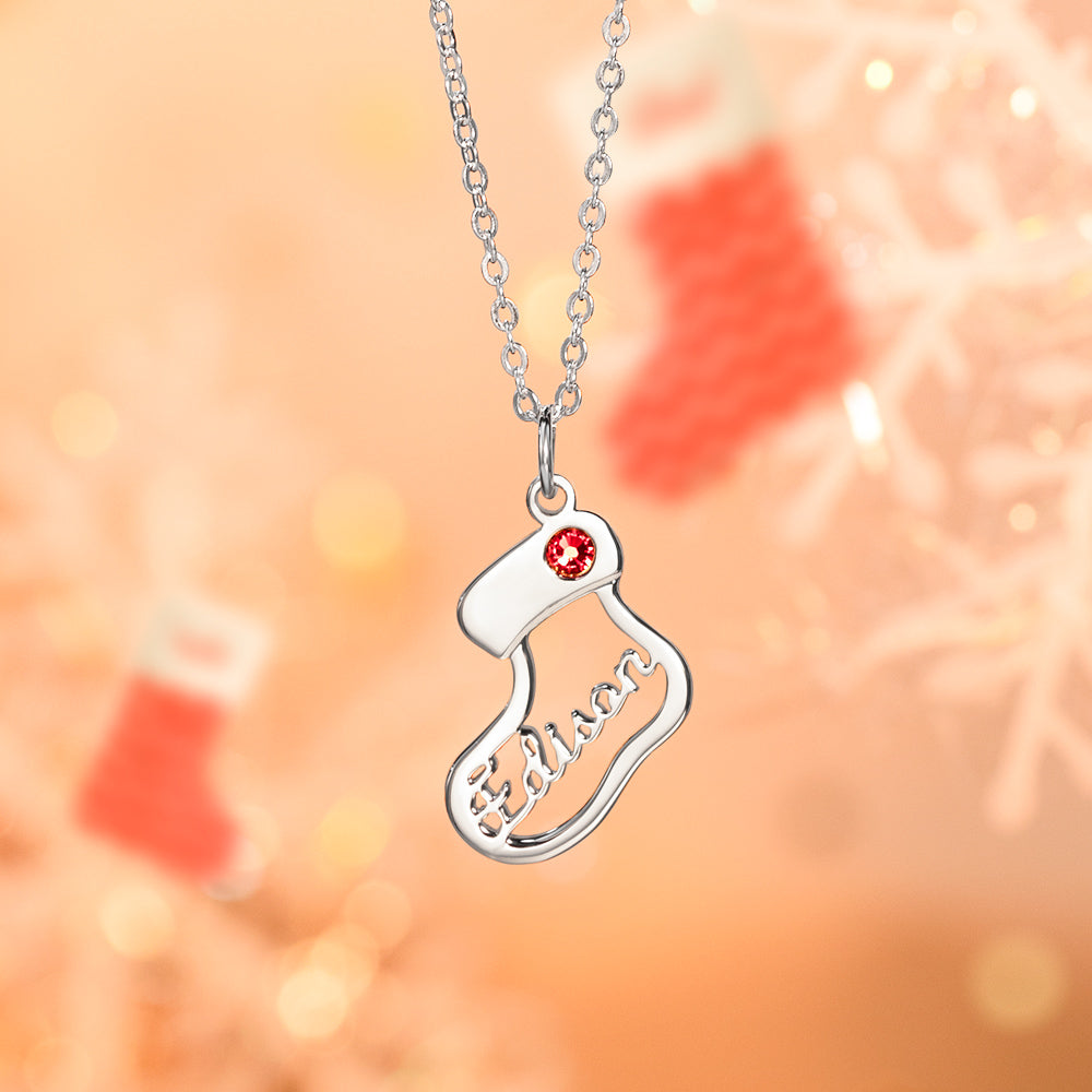 Christmas Stocking Name Necklace with Birthstone