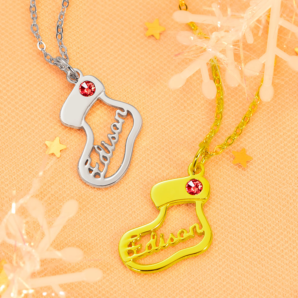 Christmas Stocking Name Necklace with Birthstone