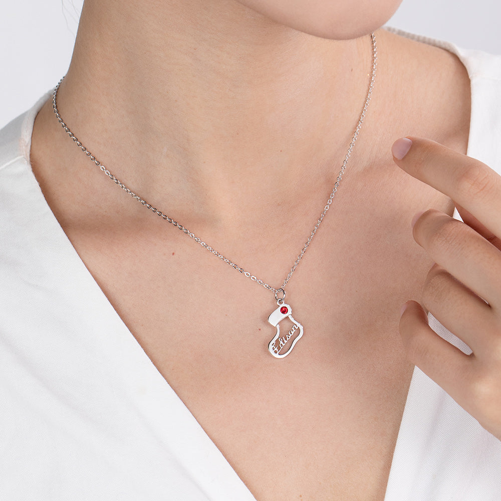 Christmas Stocking Name Necklace with Birthstone