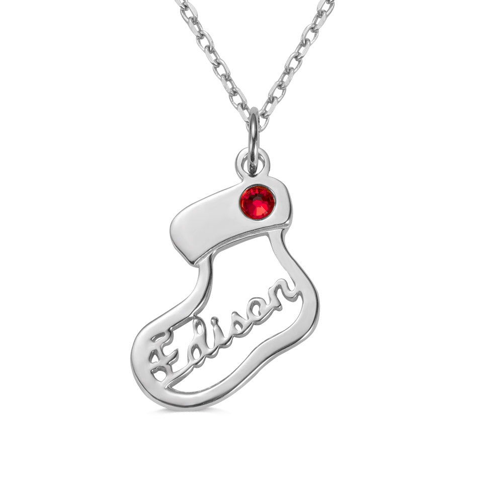 Christmas Stocking Name Necklace with Birthstone