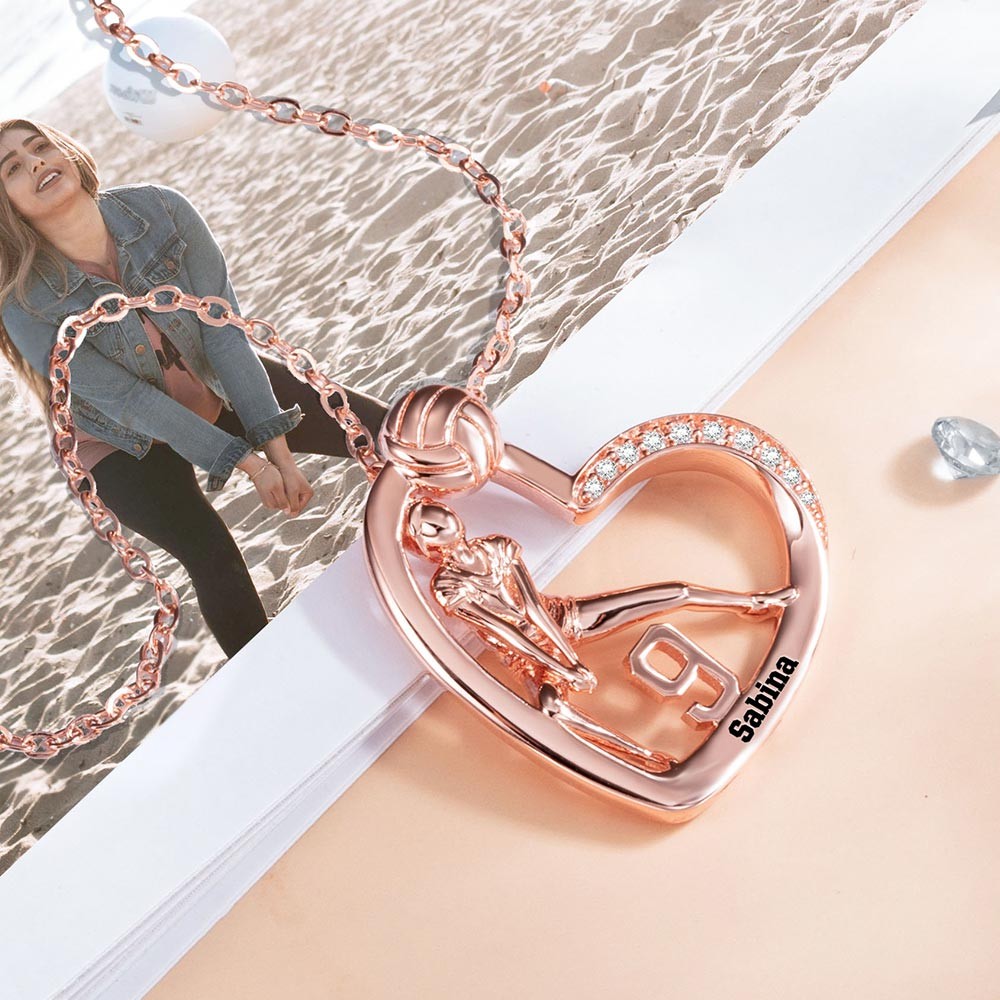 Personalized Volleyball Girls Heart Necklace with Name Number, Sport Jewelry, Birthday/Appreciation Gift for Volleyball Coach/Player/Sports Lover