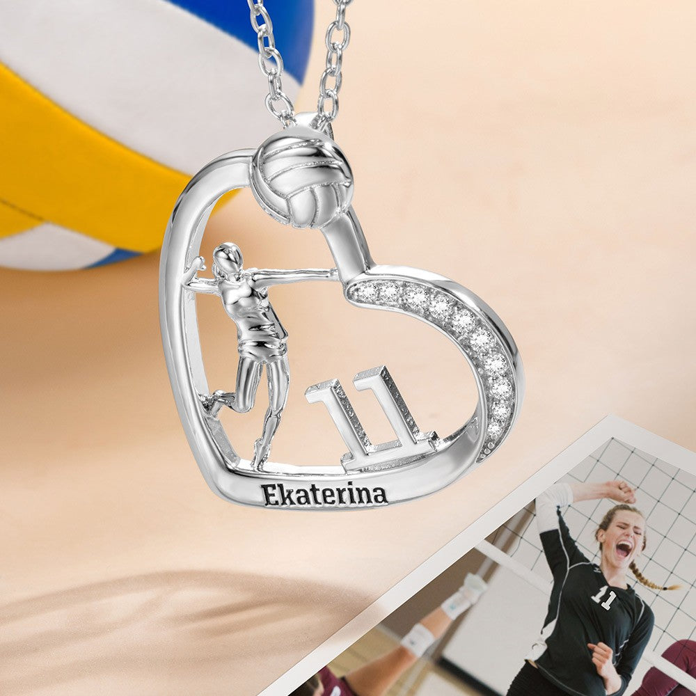 Personalized Volleyball Girls Heart Necklace with Name Number, Sport Jewelry, Birthday/Appreciation Gift for Volleyball Coach/Player/Sports Lover