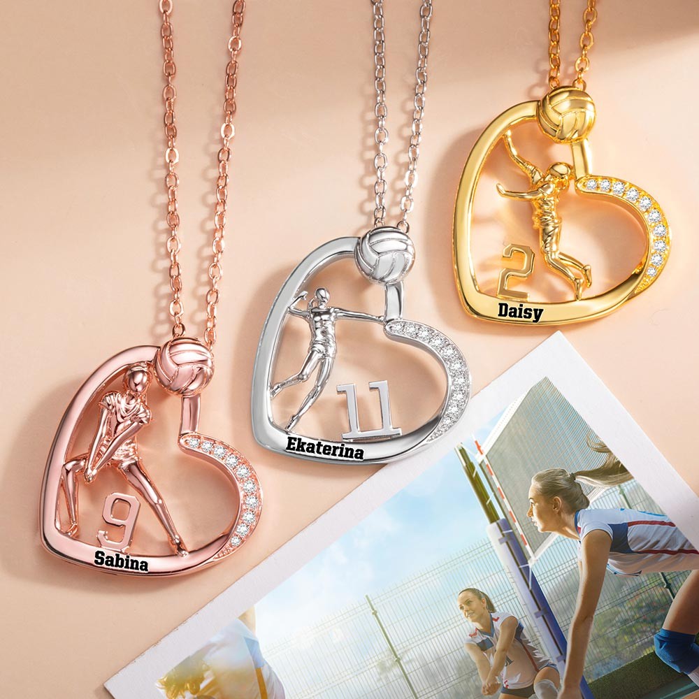 Personalized Volleyball Girls Heart Necklace with Name Number, Sport Jewelry, Birthday/Appreciation Gift for Volleyball Coach/Player/Sports Lover
