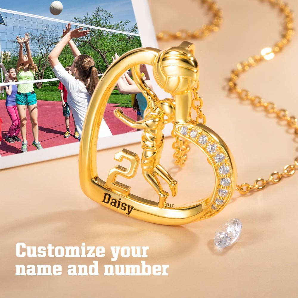 Personalized Volleyball Girls Heart Necklace with Name Number, Sport Jewelry, Birthday/Appreciation Gift for Volleyball Coach/Player/Sports Lover