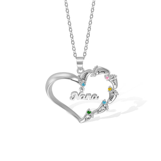 Custom Name Baby Feet Heart Necklace, Sterling Silver/Brass Family Necklace with Birthstone, Mother's Day Gift for New Mom/Mother/Grandmother/Wife