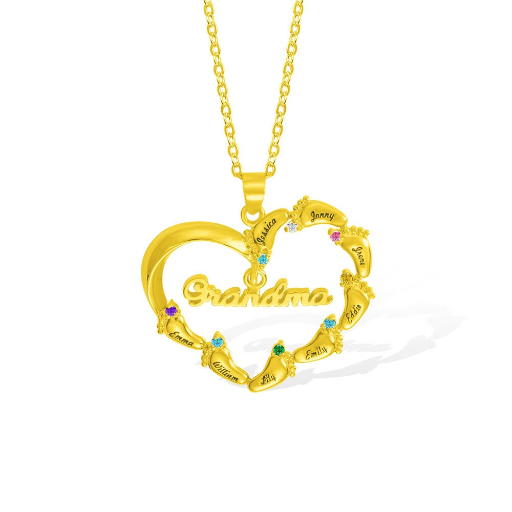 Custom Name Baby Feet Heart Necklace, Sterling Silver/Brass Family Necklace with Birthstone, Mother's Day Gift for New Mom/Mother/Grandmother/Wife