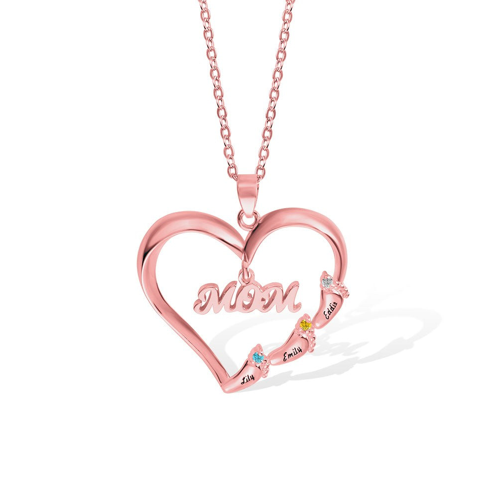 Custom Name Baby Feet Heart Necklace, Sterling Silver/Brass Family Necklace with Birthstone, Mother's Day Gift for New Mom/Mother/Grandmother/Wife