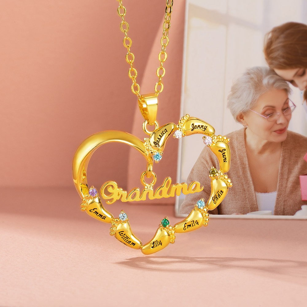 Custom Name Baby Feet Heart Necklace, Sterling Silver/Brass Family Necklace with Birthstone, Mother's Day Gift for New Mom/Mother/Grandmother/Wife