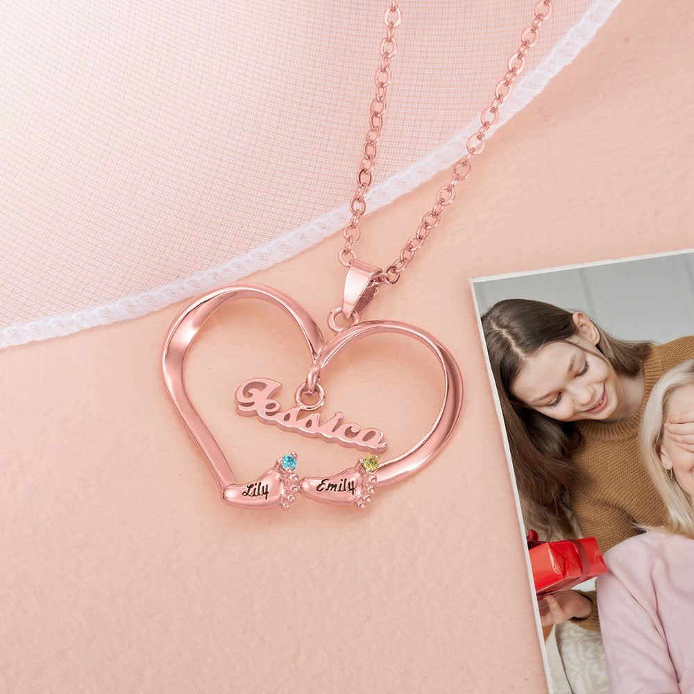 Custom Name Baby Feet Heart Necklace, Sterling Silver/Brass Family Necklace with Birthstone, Mother's Day Gift for New Mom/Mother/Grandmother/Wife