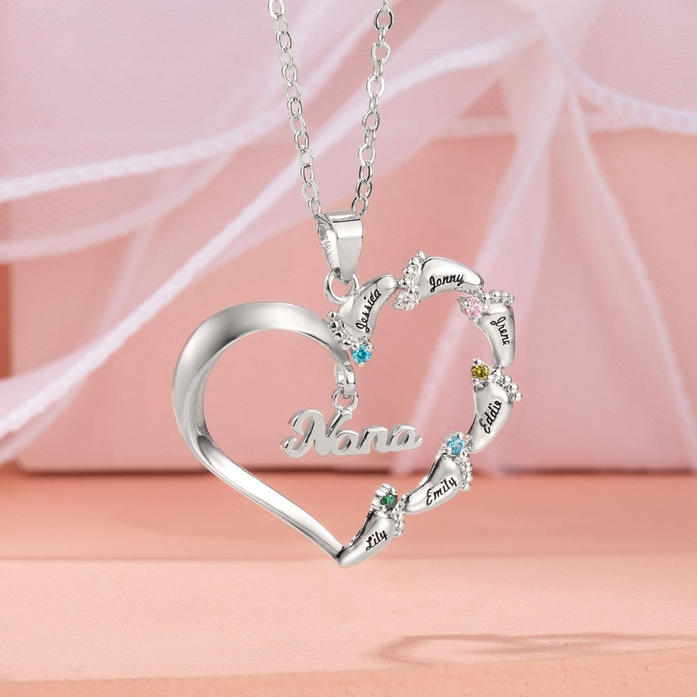 Custom Name Baby Feet Heart Necklace, Sterling Silver/Brass Family Necklace with Birthstone, Mother's Day Gift for New Mom/Mother/Grandmother/Wife