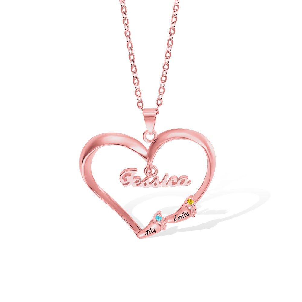 Custom Name Baby Feet Heart Necklace, Sterling Silver/Brass Family Necklace with Birthstone, Mother's Day Gift for New Mom/Mother/Grandmother/Wife