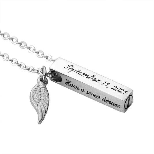 Personalized Engraved Bar Cremation Urn Necklace with Text, Keepsake Engraving Jewelry for Ashes, Memorial Sympathy Gift for Loss of Loved One/Pet