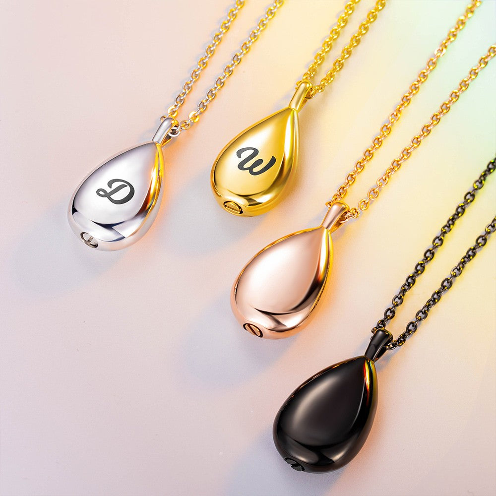 Custom Tiny Teardrop Urn Necklace with Initial, Cremation Urn Jewelry, Stainless Steel/Sterling Silver Necklace, Memorial Gift for Ashes of Human/Pet