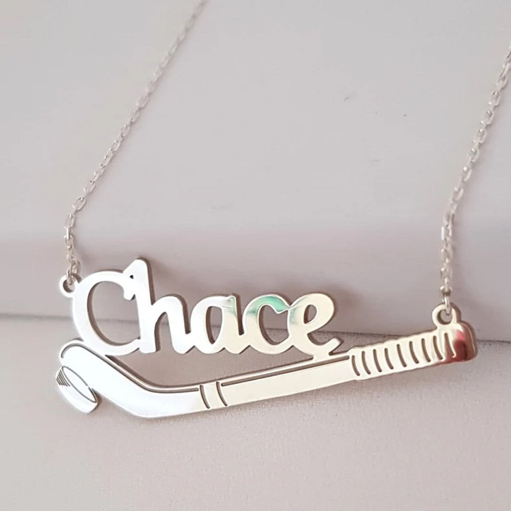 Ice Hockey Name Necklace, 925K Silver Custom Hockey Necklace, Hockey Gift, Hocey Lover Gift, Christmas Gift, Hockey Pendant