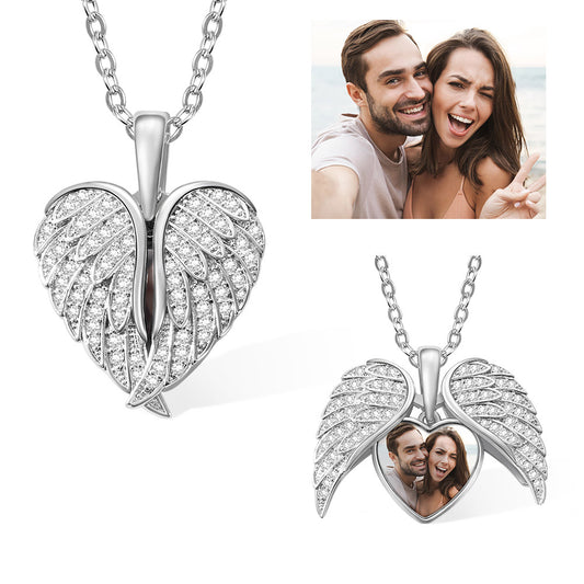 Custom CZ Heart Shape Angel Wing Necklace with Photo, Heart Picture Pendant Necklace, Angel Wings Memorial Valentines Birthday Gift, Gifts for Women