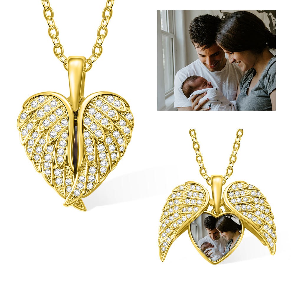 Custom CZ Heart Shape Angel Wing Necklace with Photo, Heart Picture Pendant Necklace, Angel Wings Memorial Valentines Birthday Gift, Gifts for Women