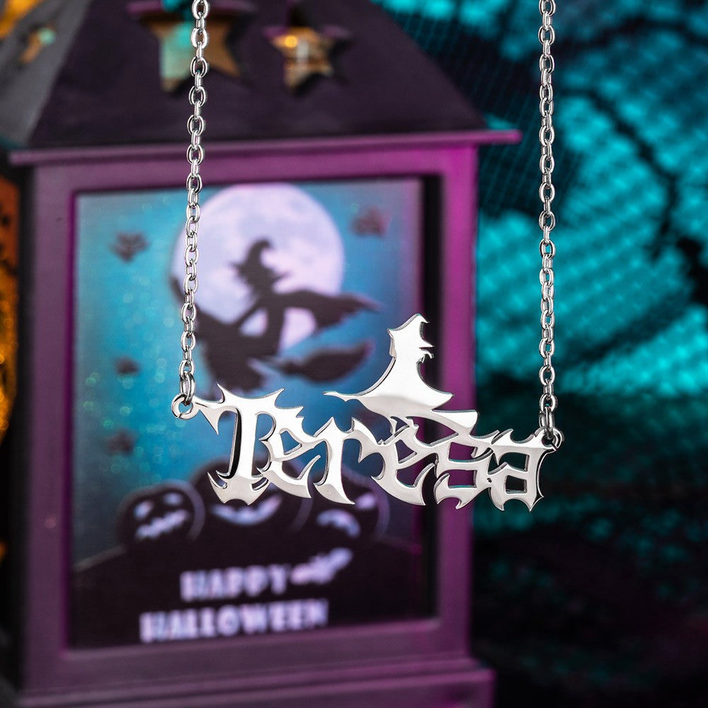 Custom Bat Witch Pumpkin Ghost Name Necklace, Gothic Name Plate Necklace, Halloween Jewelry, Halloween/Birthday Gift for Girls/Women