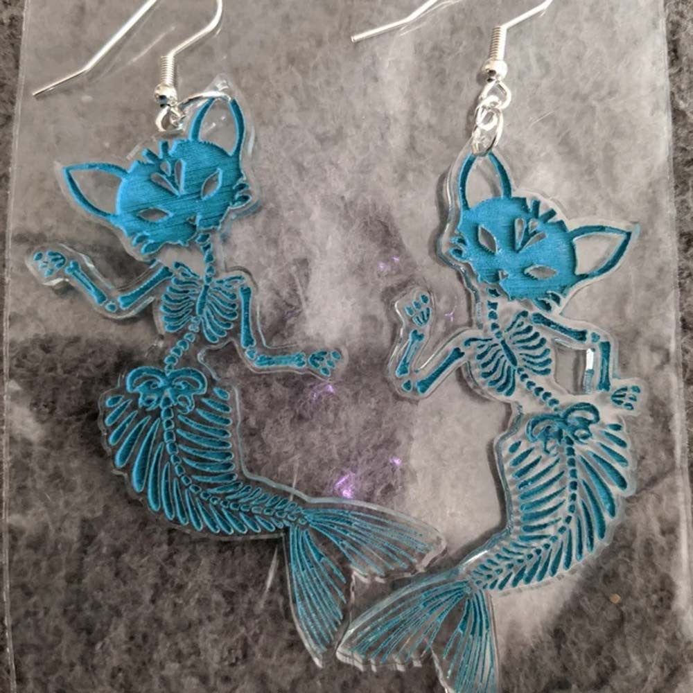 Cat Mermaid Skeleton Acrylic Earrings, Pastel Goth Purple Pink Turquoise