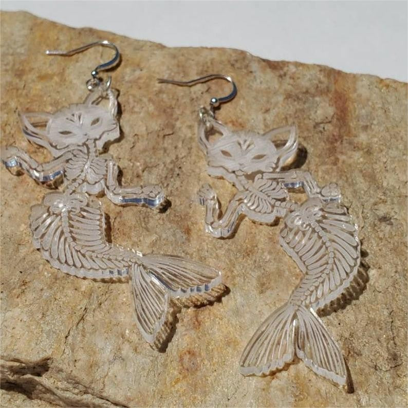 Cat Mermaid Skeleton Acrylic Earrings, Pastel Goth Purple Pink Turquoise