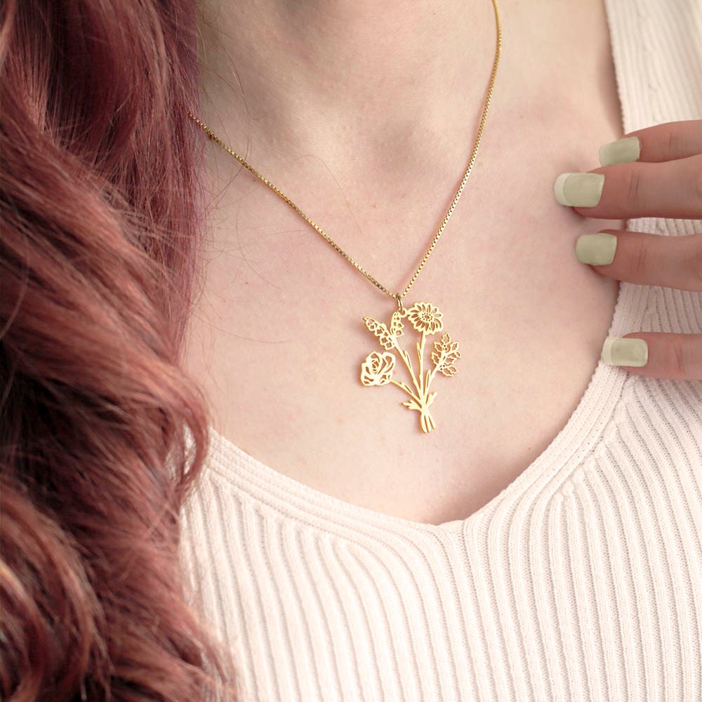 Custom Combined Birth Flower Bouquet Necklace for Mother's Day, Birth Flower Bouquet Necklace for Grandma, Birth Flower Family Necklace for Mom